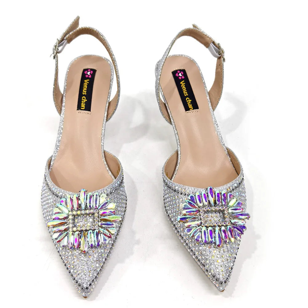 Latest Elegant Wedding Italian Diamond Design Shoes Women's African Party Shoes Crystal Shoes High School High Heels