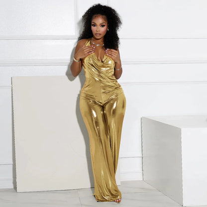 CM.YAYA Women Heaps Collar V-Neck Backless Wide Leg Straight Sleeveless Jumpsuits Spring Sexy One Piece Set Streetwear Outfits
