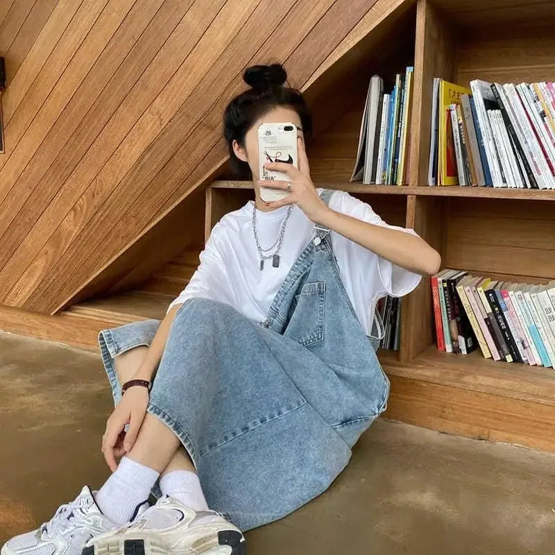 Korean style Denim Overall Dress Women Sleeveless Jeans Dresses Female Solid Slip Casual Loose Spaghetti Strap Dresses
