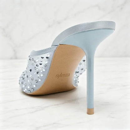 Luxury Rhinestone Detail Mules Sandals Women Sexy Peep Toe High Heel Slippers for Ladies Elegant Banquet Shoes Summer Mesh Shoes
