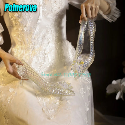 Transparent Crystal High Heels Wedding Bridal Shoes Luxury Pointed Toe Round Heel Women Pumps Elegant Fairy Banquet Party Shoes