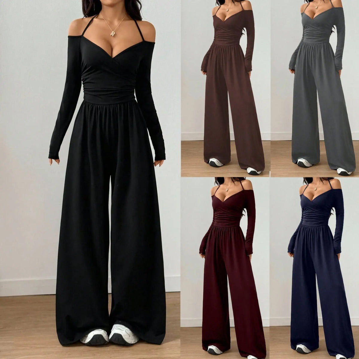 Jumpsuits Women One Piece Full Sleeve Off Shoulder Halter Lace Up Wide Leg Long Pants Solid Y2k Streetwear Jumpsuit Work 2026