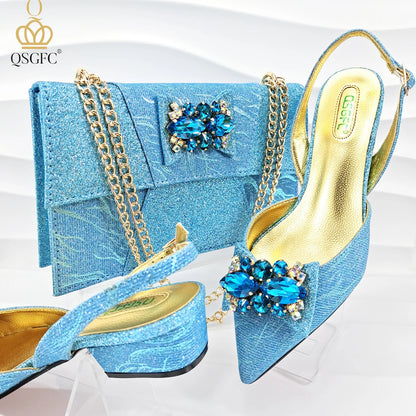 Italian Design Elegant Evening Shoes And Bag Set African Crystal Comfortable Shoes And Capacity Bag Commuter Women's Shoes