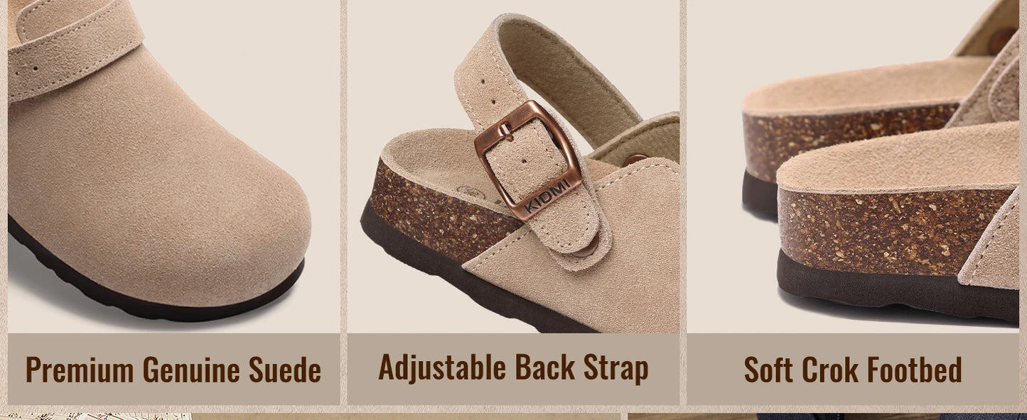Kidmi Genuine Leather Clogs Cork Footbed Indoor and Outdoor Slippers Cow Suede Mules With Adjustable Strap