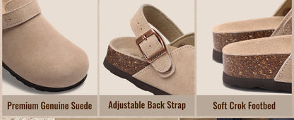 Kidmi Genuine Leather Clogs Cork Footbed Indoor and Outdoor Slippers Cow Suede Mules With Adjustable Strap