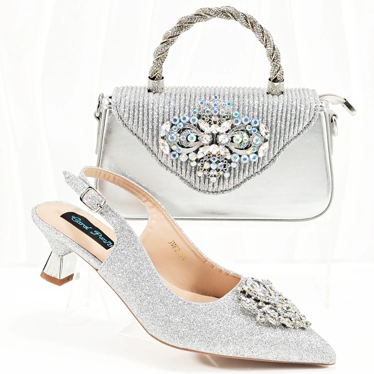 2025  Latest Italian Design Italian Women's High Heel Pointed Toe Sandals  Wedding Party Silver Color Shoes and Bags Set