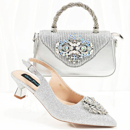 2025  Latest Italian Design Italian Women's High Heel Pointed Toe Sandals  Wedding Party Silver Color Shoes and Bags Set