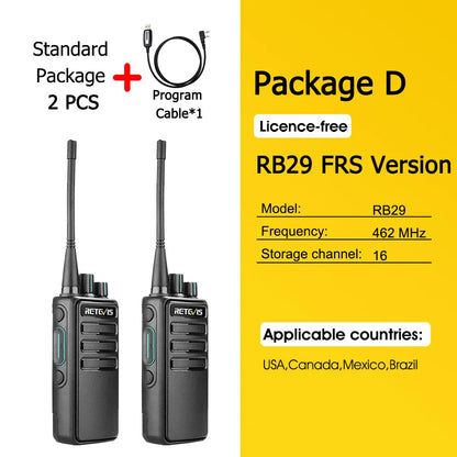 Retevis RB629 Walkie-talkies 2pcs PMR446 Long Range Lincense-free Portable Two-way Radio for Business Hotel Factory Hunting