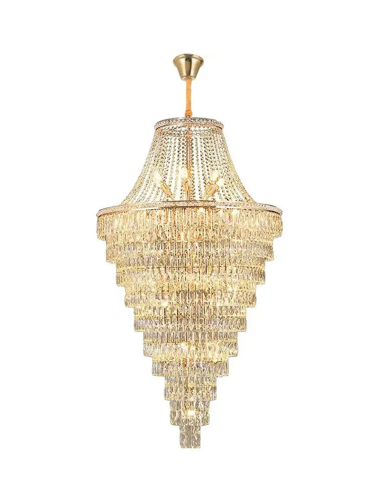 Large Ceiling Long Crystal Chandelier Hotel Lobby Living Room Luxurious Multi Story Staircase Light Golden Stainless Steel Light