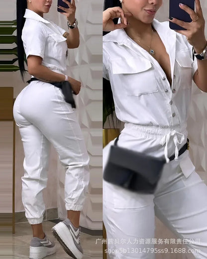Short Sleeve Pocket Design Cuffed Cargo Jumpsuit Women Summer Solid Color Playsuits Jumpsuits Pants High Waist