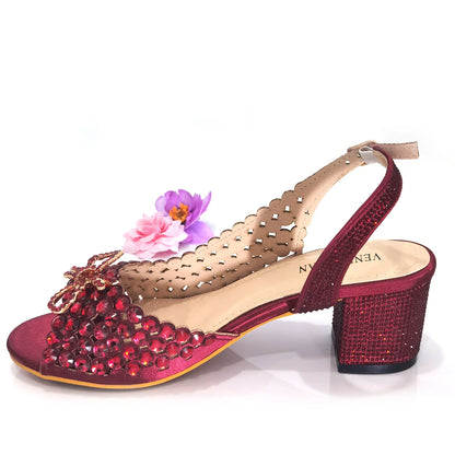 2024 New Italian Design Full Drill Elegant Wine Evening High Heels Wedding Party Shoes Matching Clutch Handbag