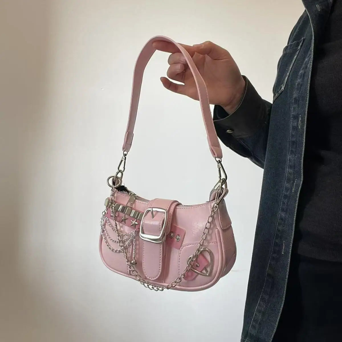 Fashion Hot Girls Square Shoulder Bags Retro Rivet Star Women's Underarm Bag Sweet Pu Leather Female Chain Handbags Pink Purse