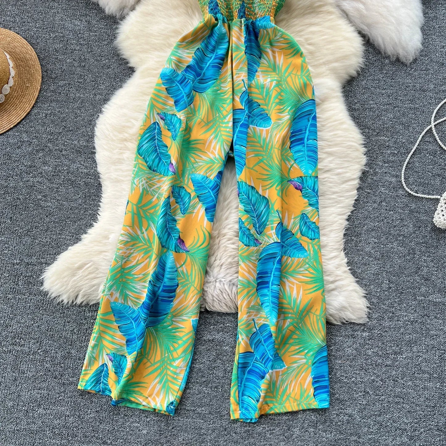 2024 New Summer Sexy Bohemian Leaf Print Jumpsuits Women Sleeveless Sexy Long Jumpsuit Mujer Casual Holiday Beach Rompers