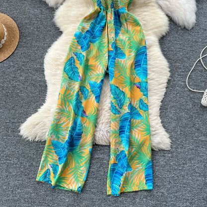 2024 New Summer Sexy Bohemian Leaf Print Jumpsuits Women Sleeveless Sexy Long Jumpsuit Mujer Casual Holiday Beach Rompers