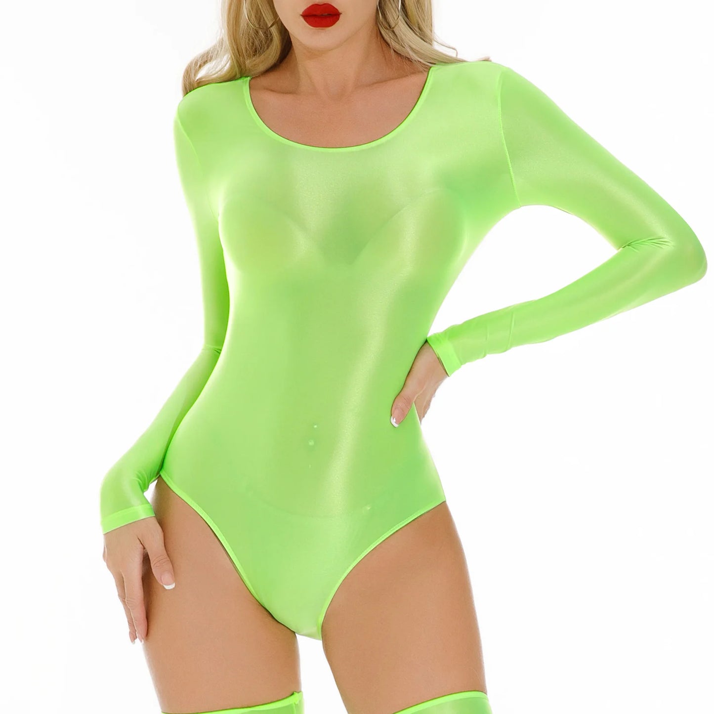 Women's Swimsuit One Piece Swimwear Oil Glossy Stretchy Gym Fitness Long Sleeve Round Neck Tights Leotard Bodysuit Clubwear