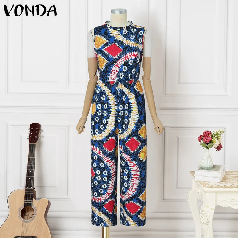 Women Jumpsuits Vintage Printed Sleeveless Overalls 2025 VONDA Summer Beach Wide Leg Playsuits Casual OL Work Long Jumpsuits