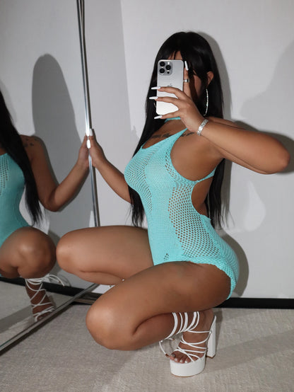 Women's Crochet Knit Romper Tank Sleeveless Hollow Out Backless Playsuits Solid Color Fitted Short Jumpsuit Beachwear Clubwear