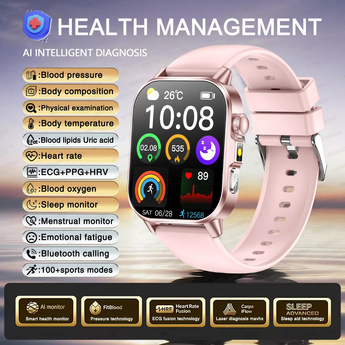 2026 Original Women Health Accurate Diagnosis Smart Watch ECG+HRV BP Blood Oxygen Uric Acid Heart Rate Bluetooth Call Smartwatch