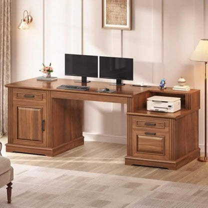 Farmhouse Executive Desk 62 Inch Wide with Integrated Power Hub 4 AC Outlets 2 USB Ports Spacious Work Surface 21.7 Depth 29.5 H