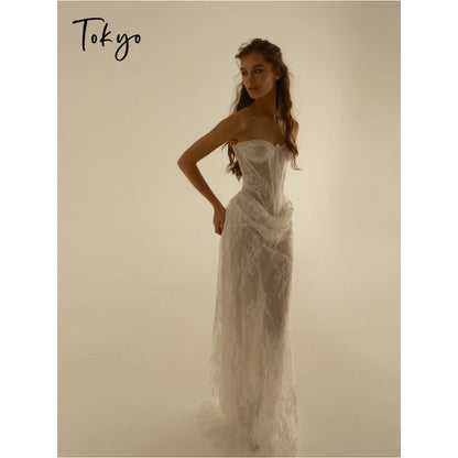 Tokyo Customized Elegant Lace Embroidery Strapless Wedding Party Sleeveless Floor-Length Tulle Prom Dress Illusion Evening Gowns