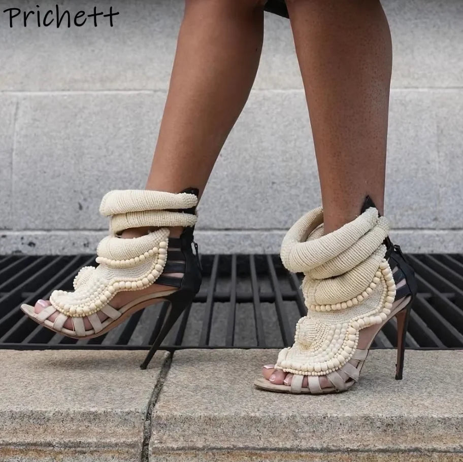 Pearl Ankle Band Sandals Peep Toe Ankle Band Hollow Narrow Band Shoes Women Back Zipper Summer Elegant Luxury Party Sexy Shoes