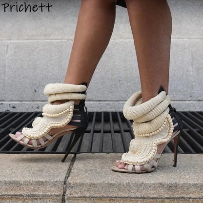 Pearl Ankle Band Sandals Peep Toe Ankle Band Hollow Narrow Band Shoes Women Back Zipper Summer Elegant Luxury Party Sexy Shoes