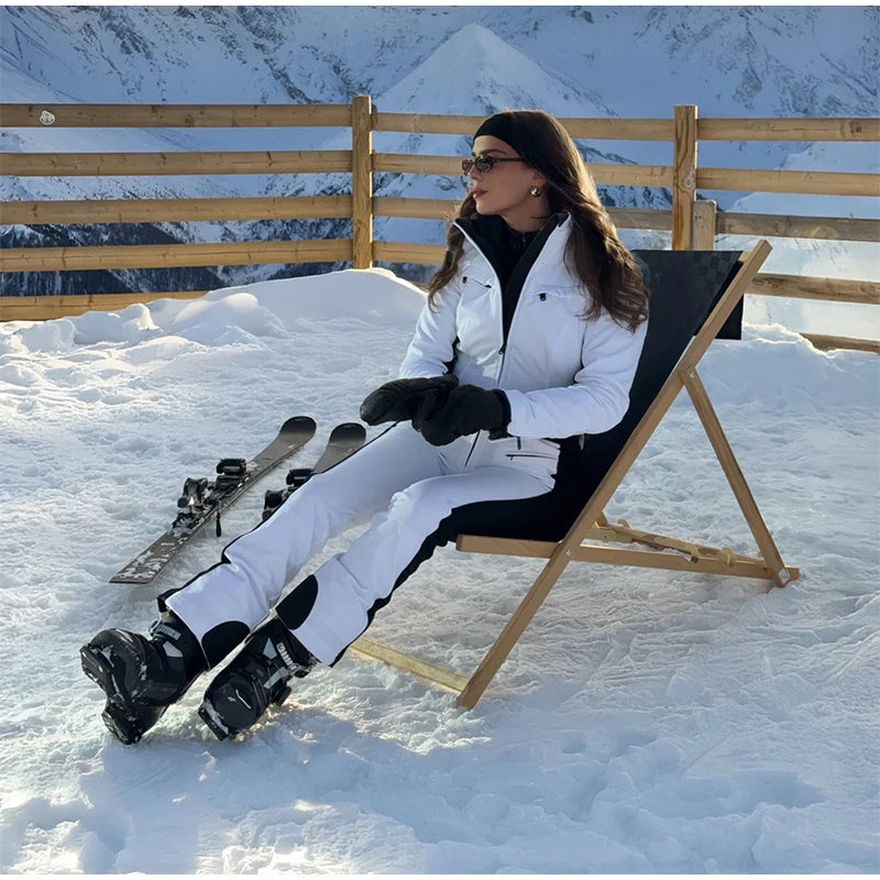 Casual Fur-Trimmed Hooded Ski Suit Women Fashion Belted Slim Full Sleeve Warm Jumpsuits Female 2026 Winter Snow Bodysuit Lady
