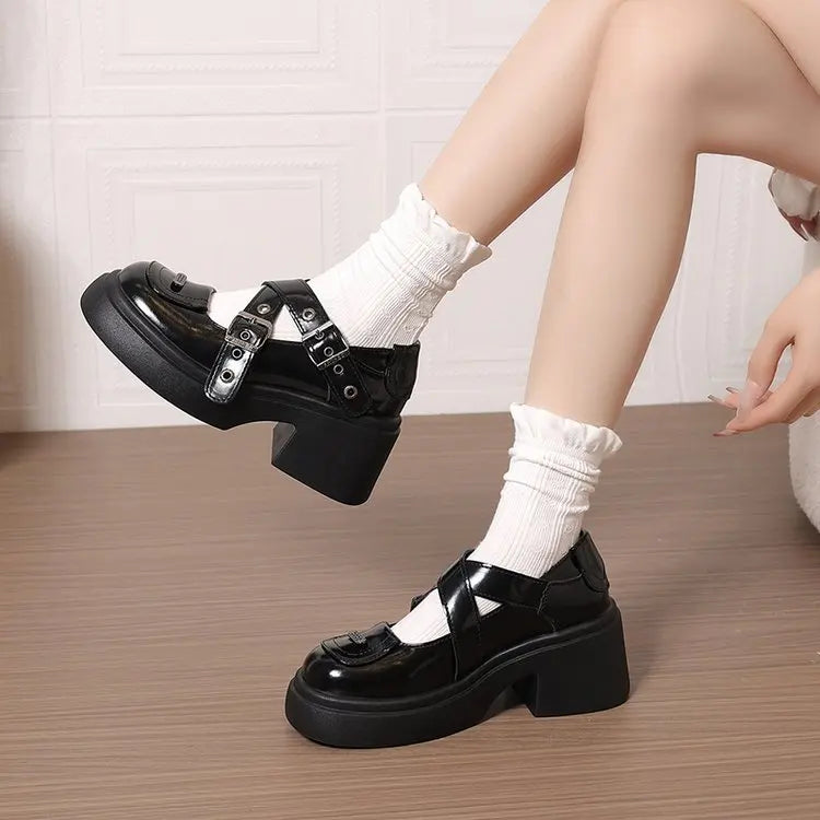 Mary Jane Shoes 2026 New Punk Metal Block Heel Platform Women's Shallow Mouth Buckle Single Shoes