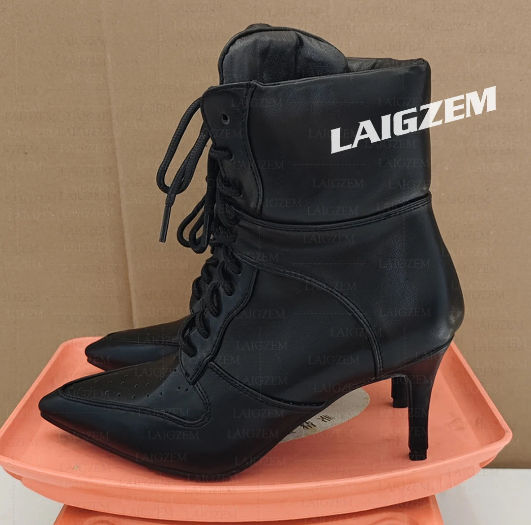 LAIGZEM Women Ankle Boots 7.5CM Thin High Heels Short Boots Lace up Faux leather Ladies Shoes Woman Large Size 38 41 45 47