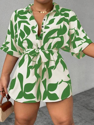 Plus-size Women's Casual Front Snap Shirt Collar Short Sleeve Printed Overalls with Bow Ties