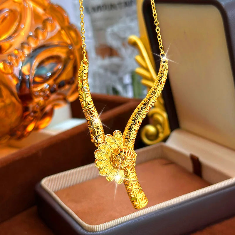 Niche Design Ethnic Style Hollow Bridal Wedding Sunflower Necklace 9999 24K Real Gold Hollow Exotic Style