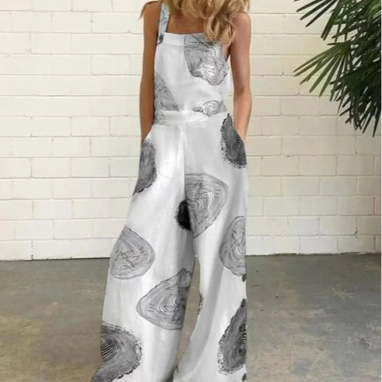Women Summer Loose Printed Jumpsuits Sleeveless Bib Overalls Siamese Button Wide Leg Pants Long Trousers Female Fashion Clothing