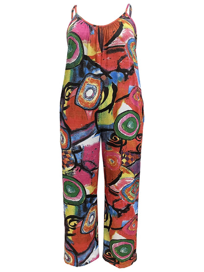 Plus Size Graffiti Print Jumpsuit Casual Sleeveless Wide Leg Jumpsuit With PocketsWomen's Plus Size Clothing