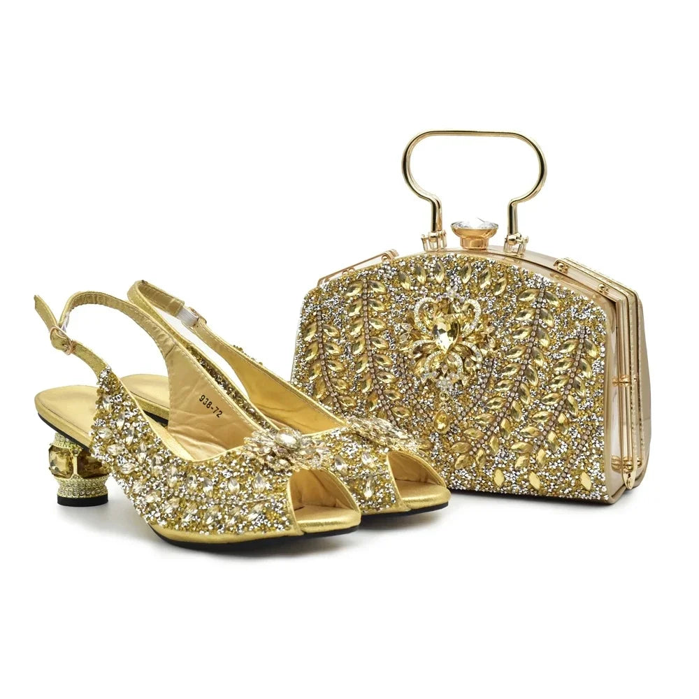 Popularity Peep Toe Heels for Women 2025 Elegant Party Full Diamond Pumps Italian Shoes and Bags Matching Set Bridal Shoes