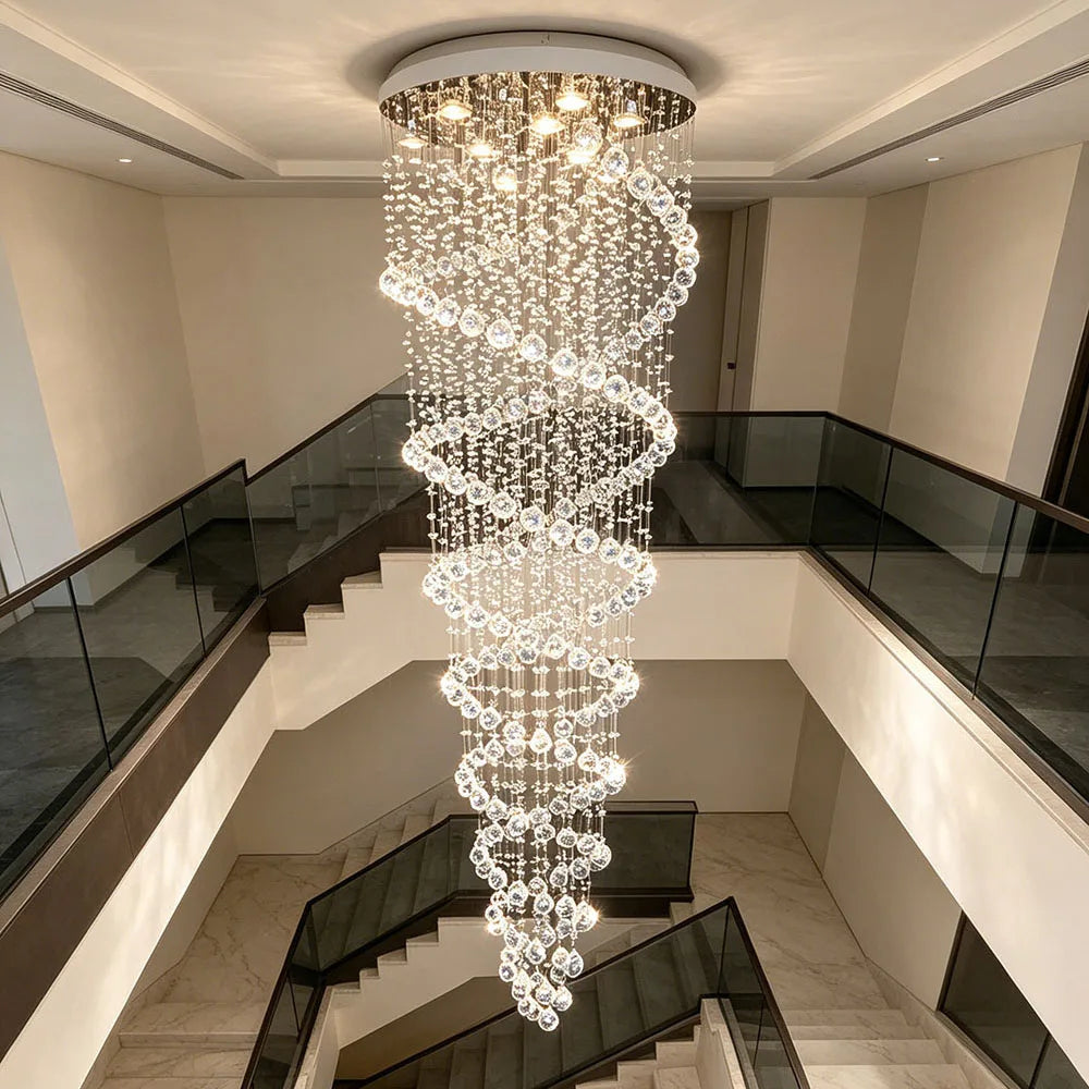 Modern Luxury Spiral Crystal Ceiling Fixture Long Cascading Crystal Design for Duplex Stairwell High Ceiling Home Lighting