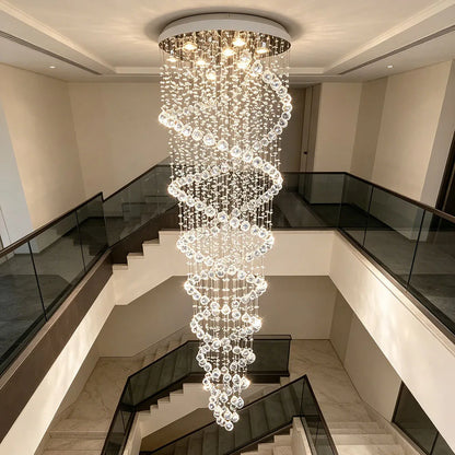 Modern Luxury Spiral Crystal Ceiling Fixture Long Cascading Crystal Design for Duplex Stairwell High Ceiling Home Lighting