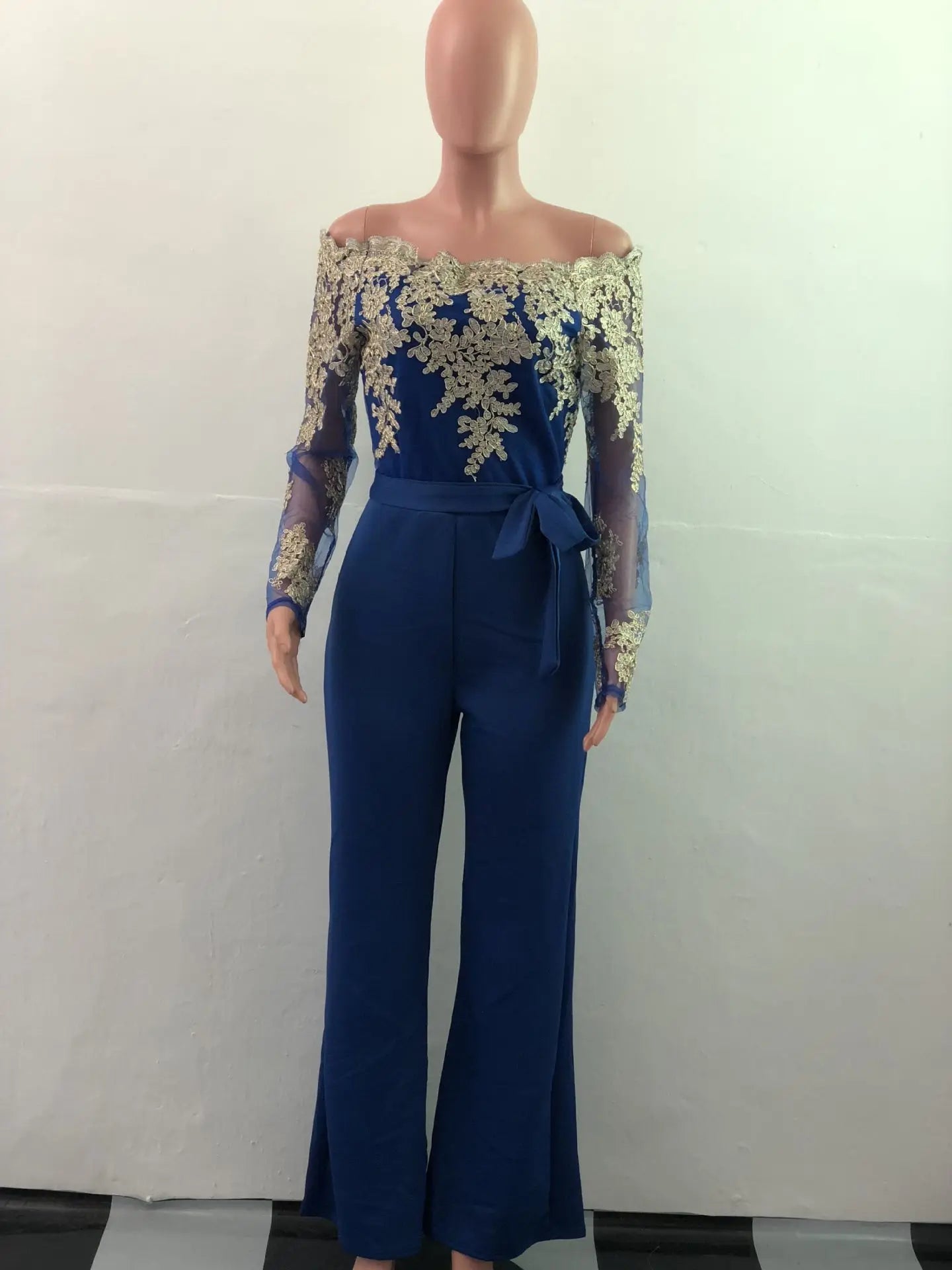 Womens Elegant Off Shoulder Long Pants Wide Leg Jumpsuits Floral Embroidery Lace See Through Cocktail Club Party Evening Rompers