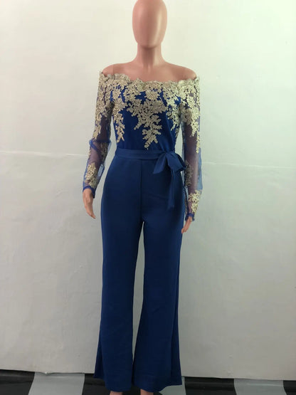 Womens Elegant Off Shoulder Long Pants Wide Leg Jumpsuits Floral Embroidery Lace See Through Cocktail Club Party Evening Rompers