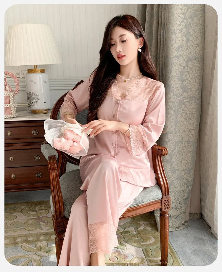 Women's Ice Silk Long-Sleeve Shirt and Full-Length Bottom Pajama Set Soft Warm Loungewear