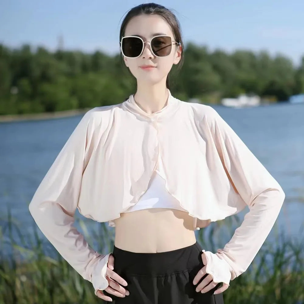 New Casual Women's Sunscreen Shawl Solid Color Breathable Sunscreen Capes Long-sleeve Ice Silk Thin Coat Summer Outdoor