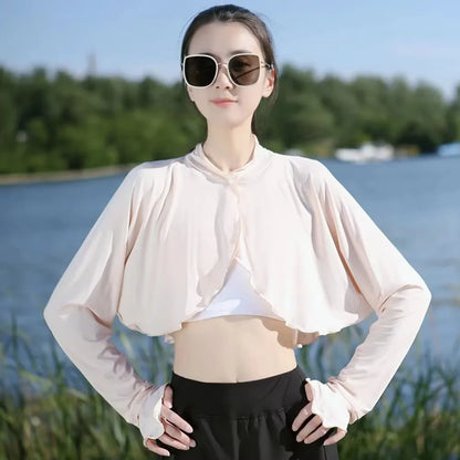 New Casual Women's Sunscreen Shawl Solid Color Breathable Sunscreen Capes Long-sleeve Ice Silk Thin Coat Summer Outdoor
