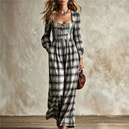 Retro Plaid Print Jumpsuit Square Neck Long Sleeve Jumpsuit Autumn New Waist Single Breasted Pocket Wide Leg Female Rompers 2026