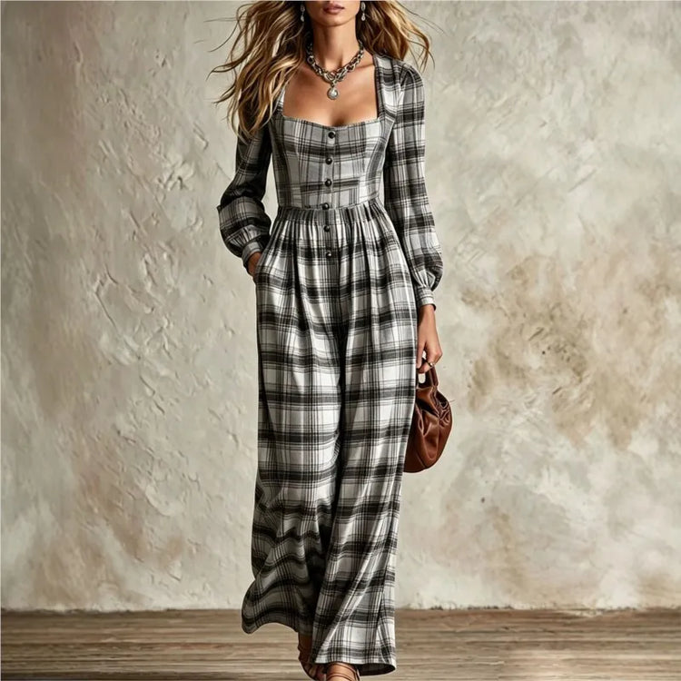 Retro Plaid Print Jumpsuit Square Neck Long Sleeve Jumpsuit Autumn New Waist Single Breasted Pocket Wide Leg Female Rompers 2026