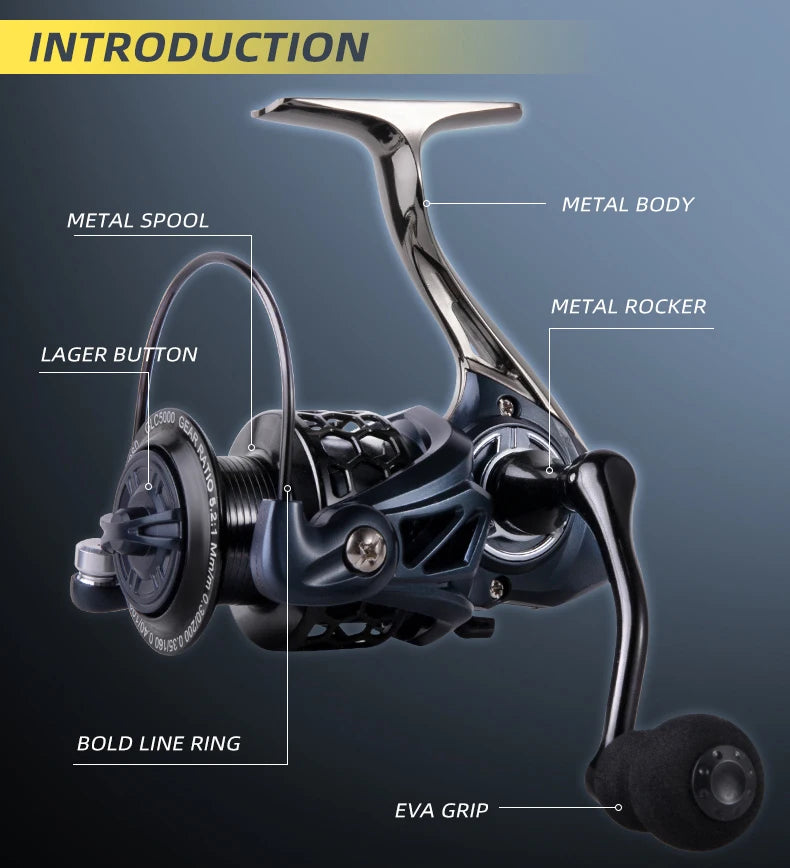 BILLINGS Spinning Reel Metal Spinning Fishing Reel 12KG Max Drag for Freshwater Saltwater 5.2:1 Gear Ratio Fishing Reels