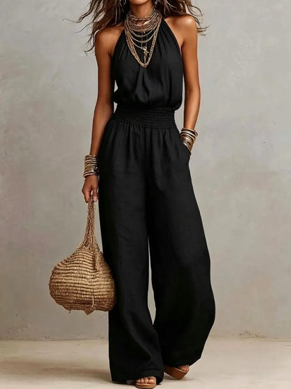 Women's Halter Neck Smocked Linen Blend Jumpsuit Waist Wide Leg Long Romper Casual Sleeveless Summer Beach Vacation Jumpsuits