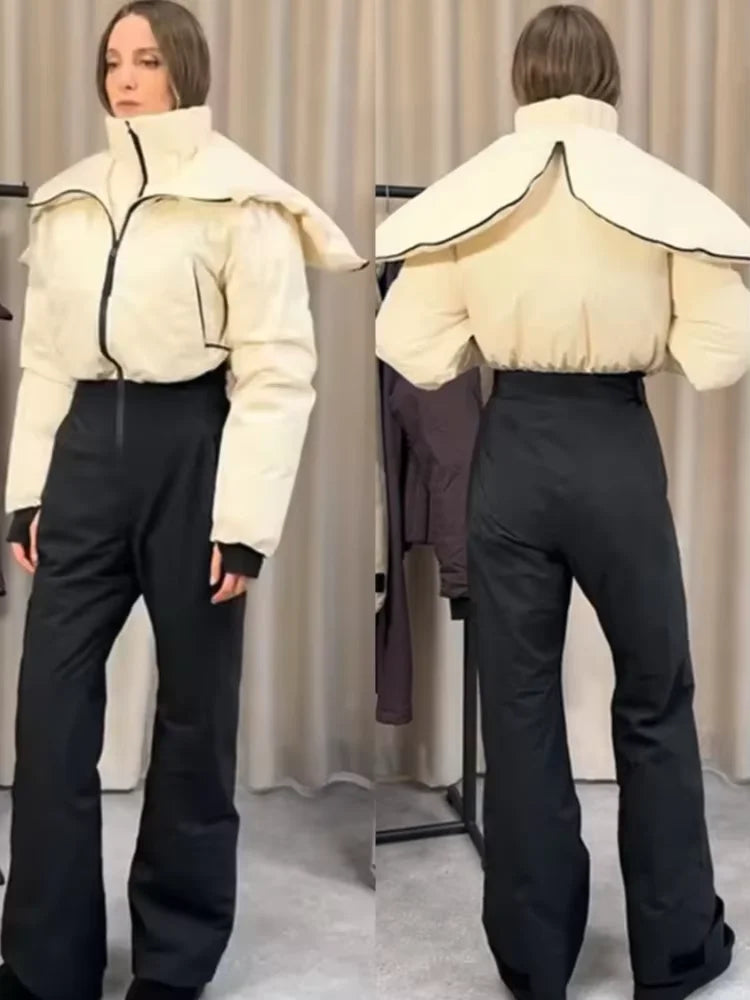 Fashion Hooded One-Piece Ski Jumpsuit Women Stand Collar Zipper High Waist Solid Windproof Outwear 2026 Winter Lady Skiwears New