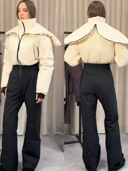 Fashion Hooded One-Piece Ski Jumpsuit Women Stand Collar Zipper High Waist Solid Windproof Outwear 2026 Winter Lady Skiwears New