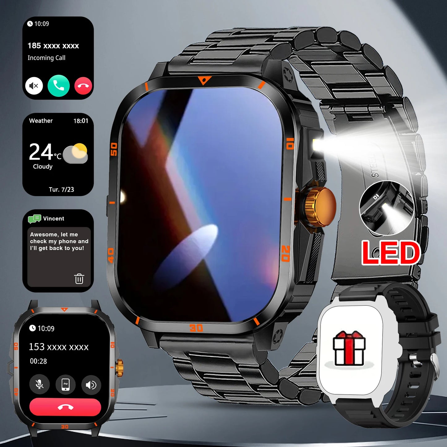 Smart Watch, Full Touchscreen Sports Watch, Bluetooth Calling, With Flashlight, Unisex, Compatible with Android and iPhone.