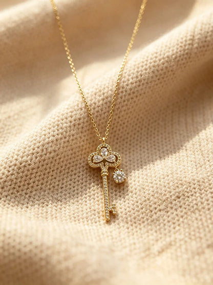 OXTAO Brilliant Moissanite Big Key Pendant for Women D VVS1 Clavicle Chain Flower Necklace Anniversary Jewelry 14K Gold Filled
