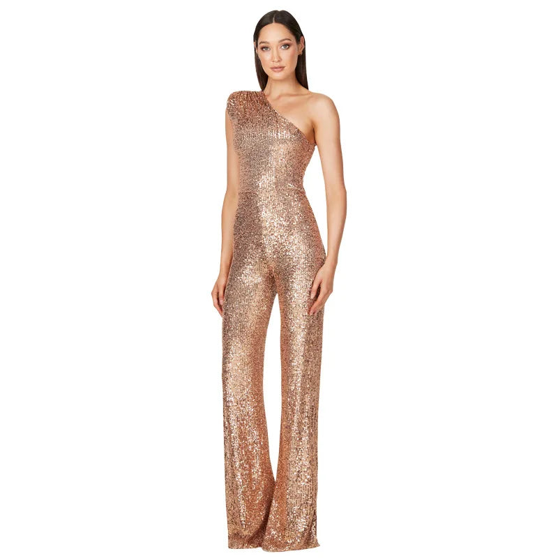 Women Elegant Long Jumpsuits Slanted Collar Party 2026 Sexy Glitter Sequin Club Playsuits Fashion Backless Solid Romper